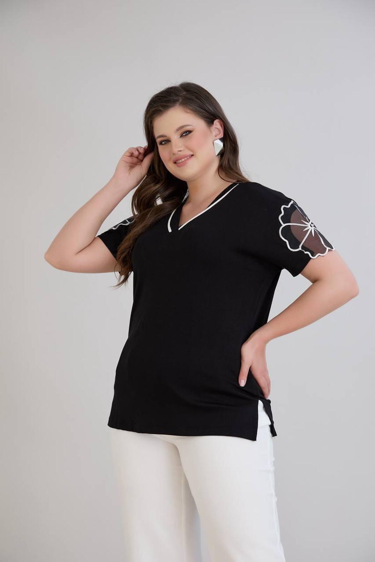 Plus‑Size V‑Neck Jersey Top With Embroidered Tulle Sleeves — Black