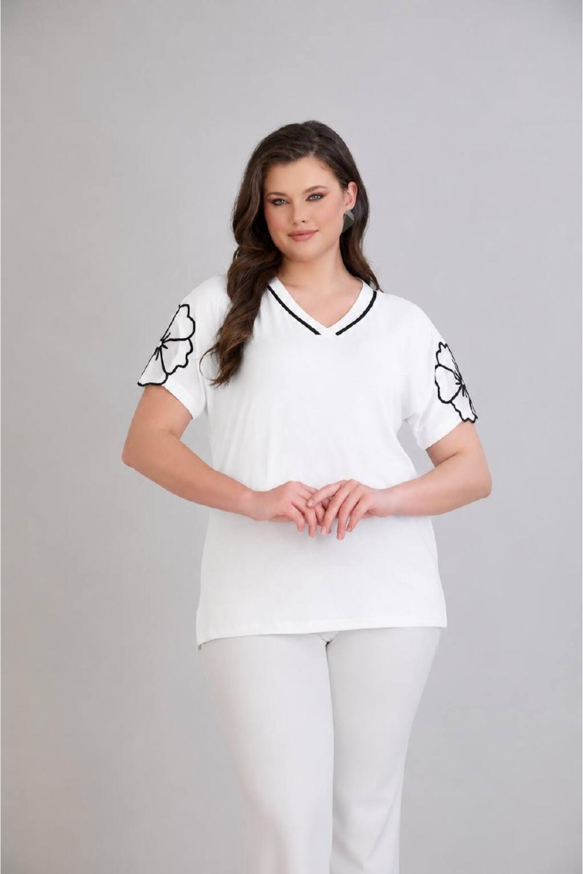 Plus - Size V‑Neck Jersey Blouse With Embroidered Tulle Sleeves, Cream