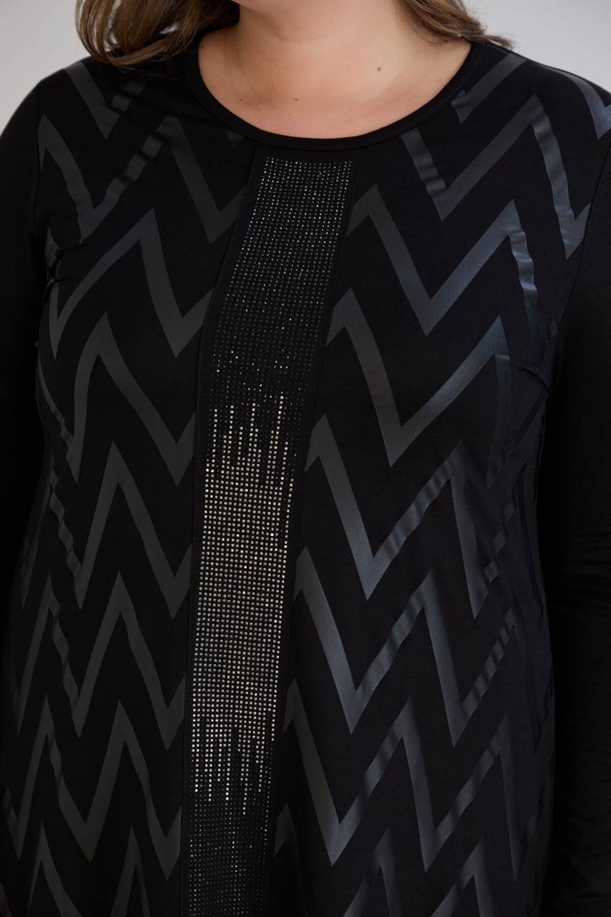 Plus - Size Zigzag Long Dress With Stone Details — Black