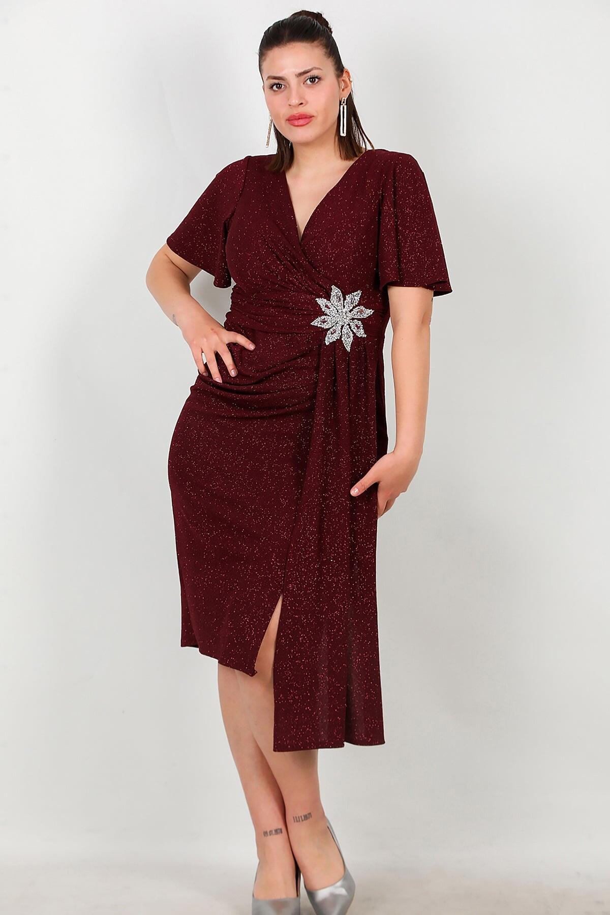 Plus - Size Midi Dress With Floral Stone Waist — Burgundy