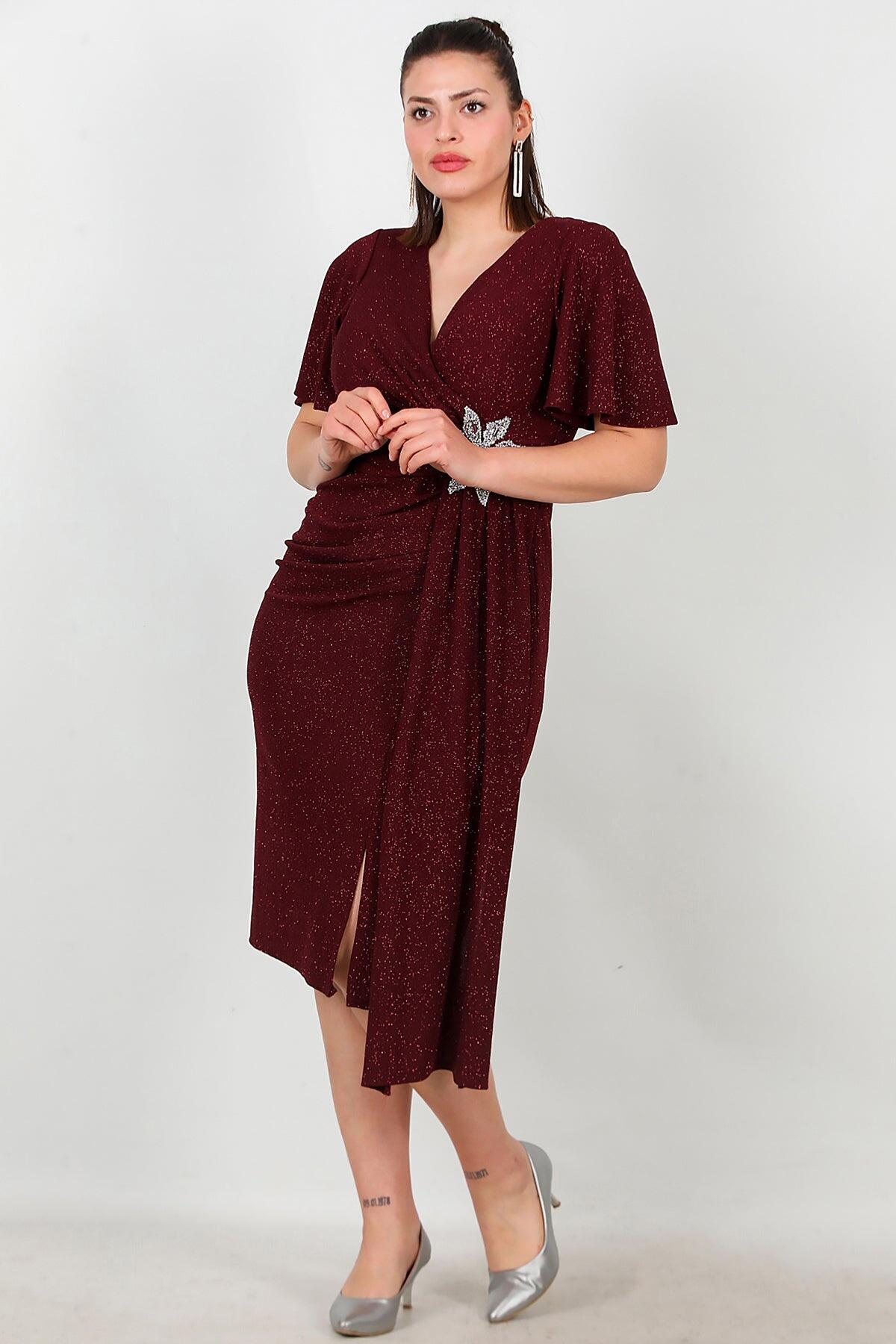 Plus - Size Midi Dress With Floral Stone Waist — Burgundy