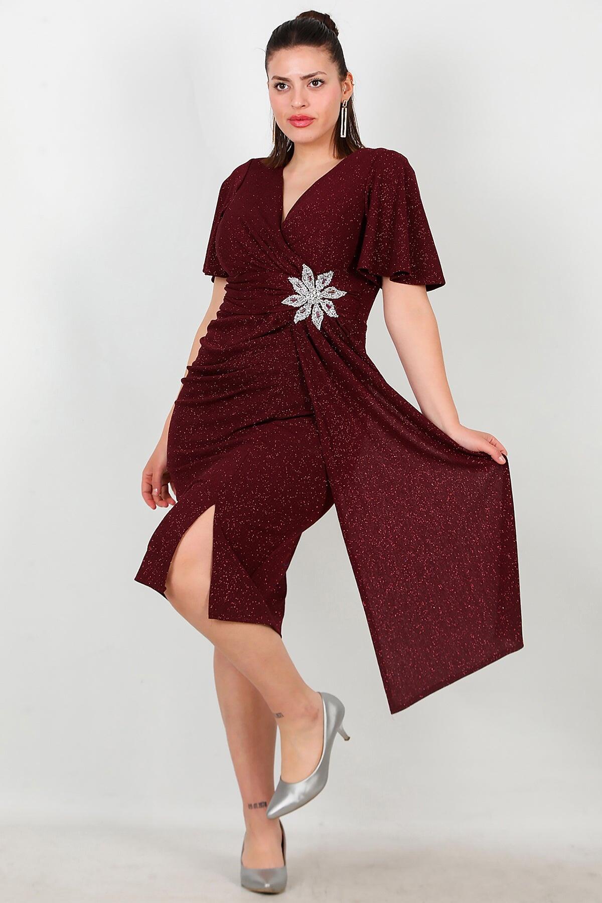 Plus - Size Midi Dress With Floral Stone Waist — Burgundy