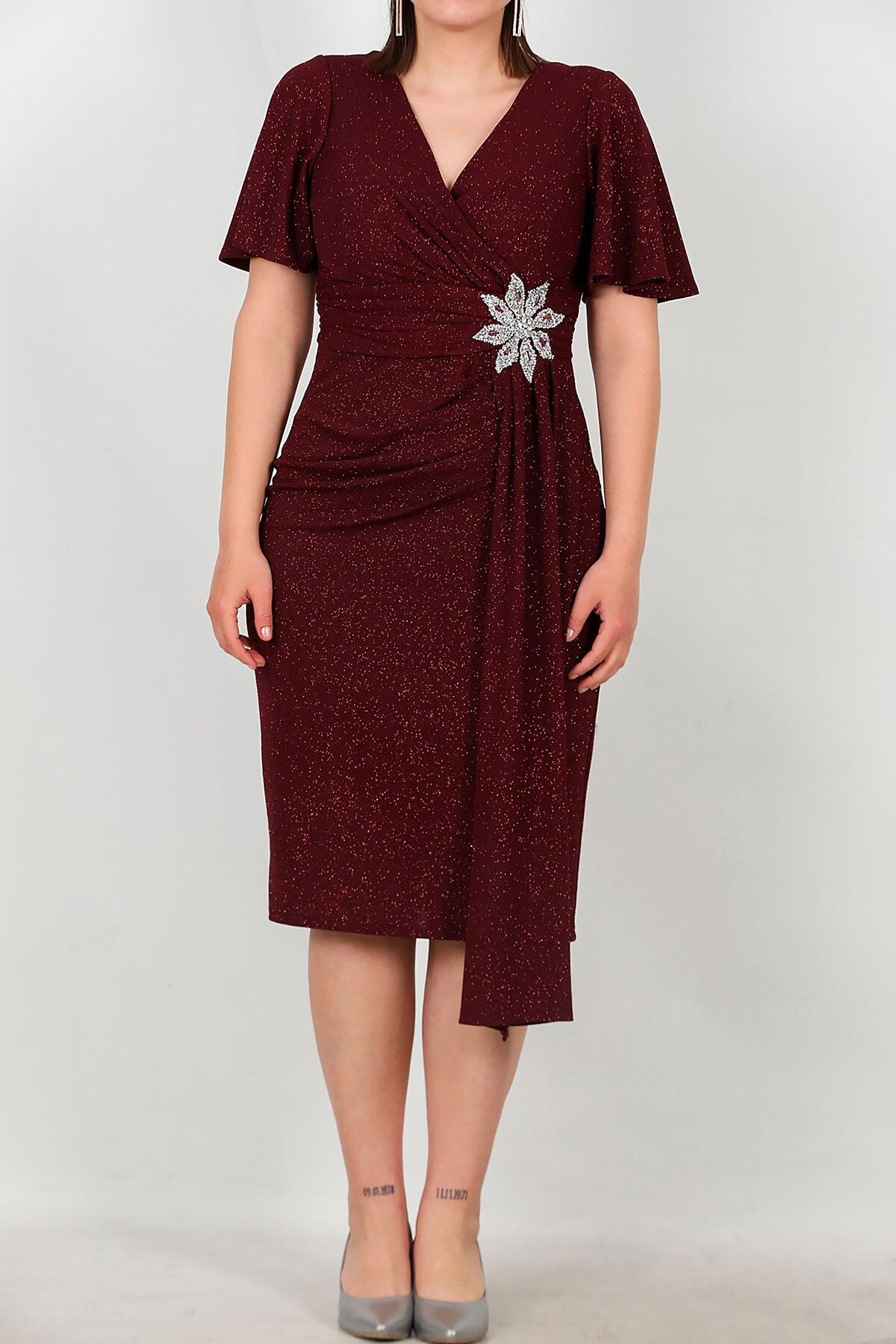 Plus - Size Midi Dress With Floral Stone Waist — Burgundy