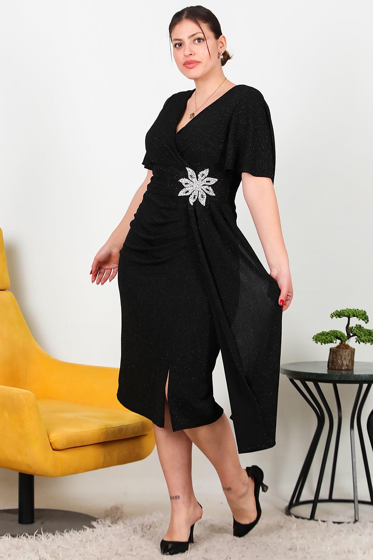 Plus - Size Midi Dress With Floral Stone Waist — Black