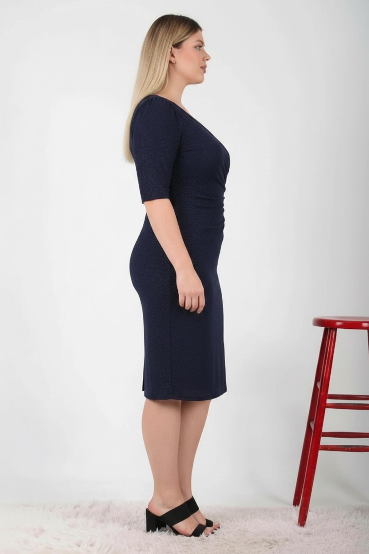 Plus - Size Navy Evening Dress With Waist Detail & Half Sleeves
