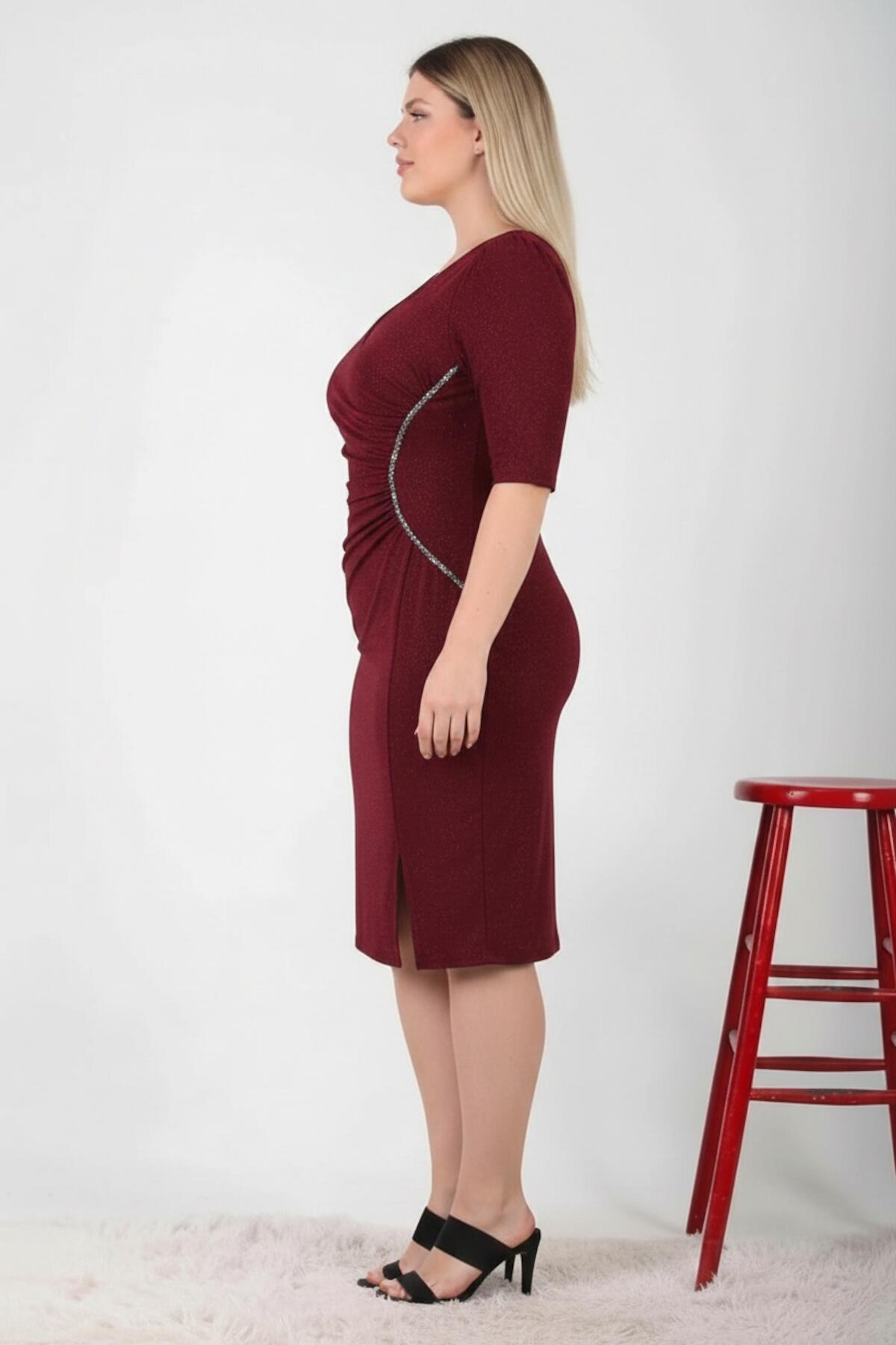 Burgundy Plus - Size Midi Dress With Waist Detail