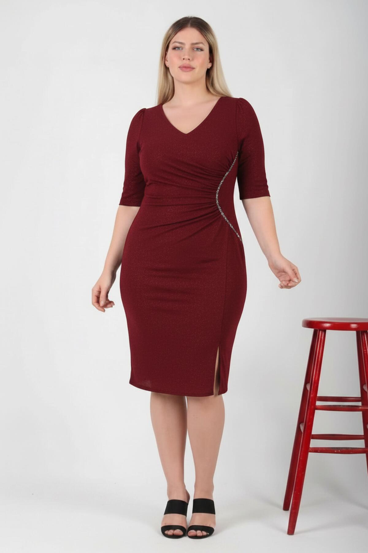 Burgundy Plus - Size Midi Dress With Waist Detail