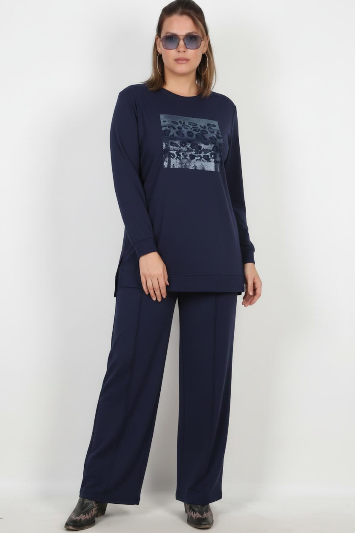 Plus - Size Stone - Embellished Long - Sleeve Set — Navy