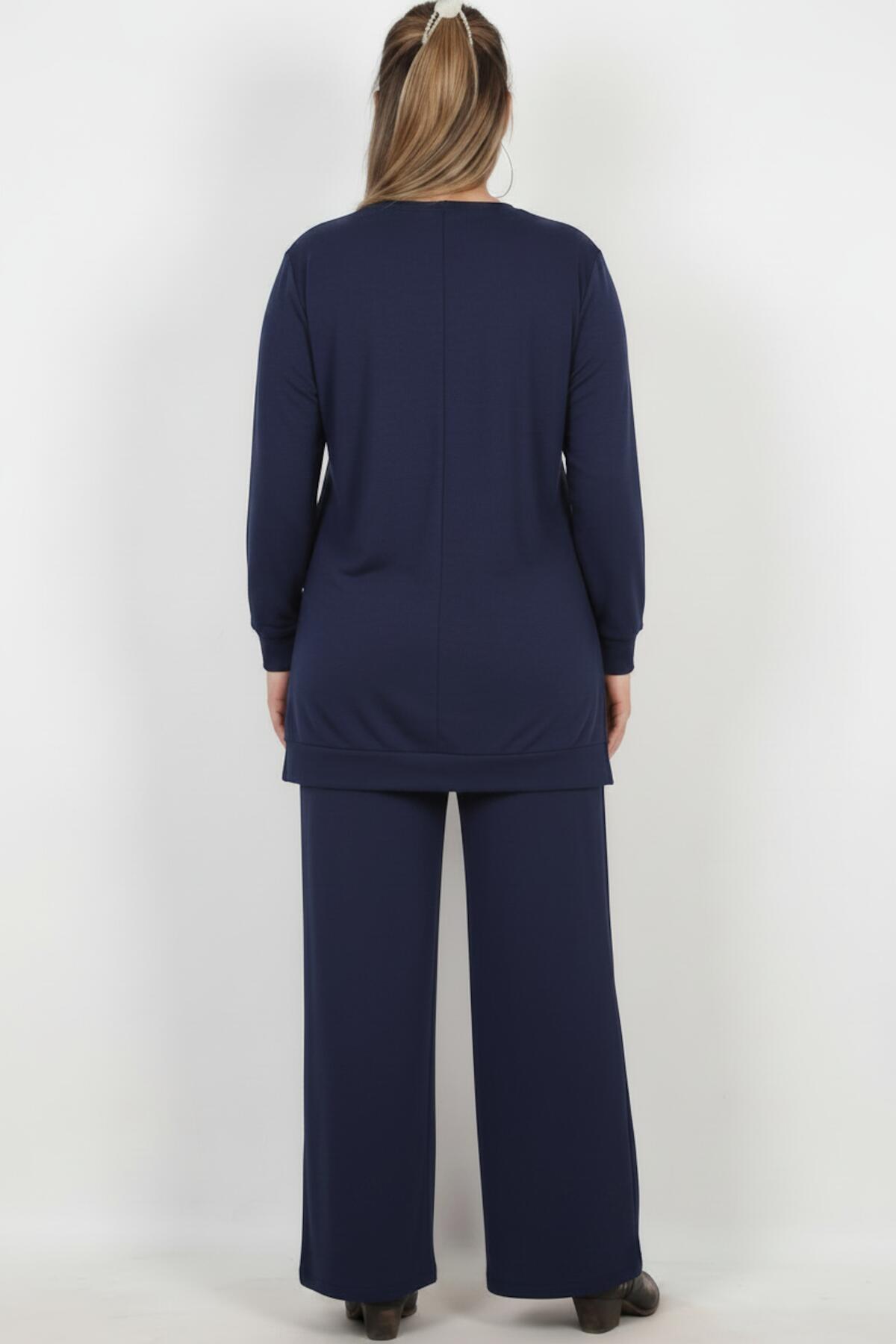 Plus - Size Stone - Embellished Long - Sleeve Set — Navy