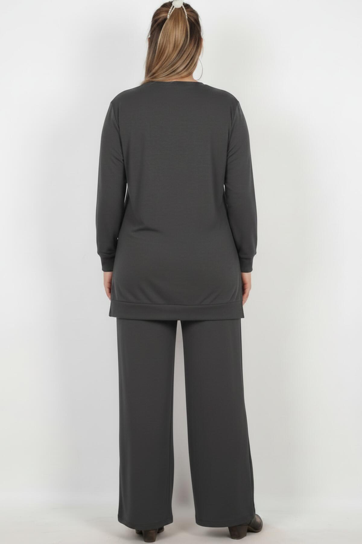 Plus - Size Stone - Embellished Long - Sleeve Set — Charcoal