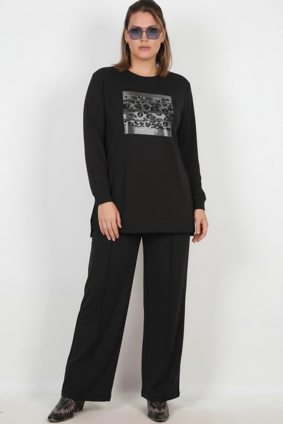 Plus - Size Long - Sleeve Set With Stone Detail — Black