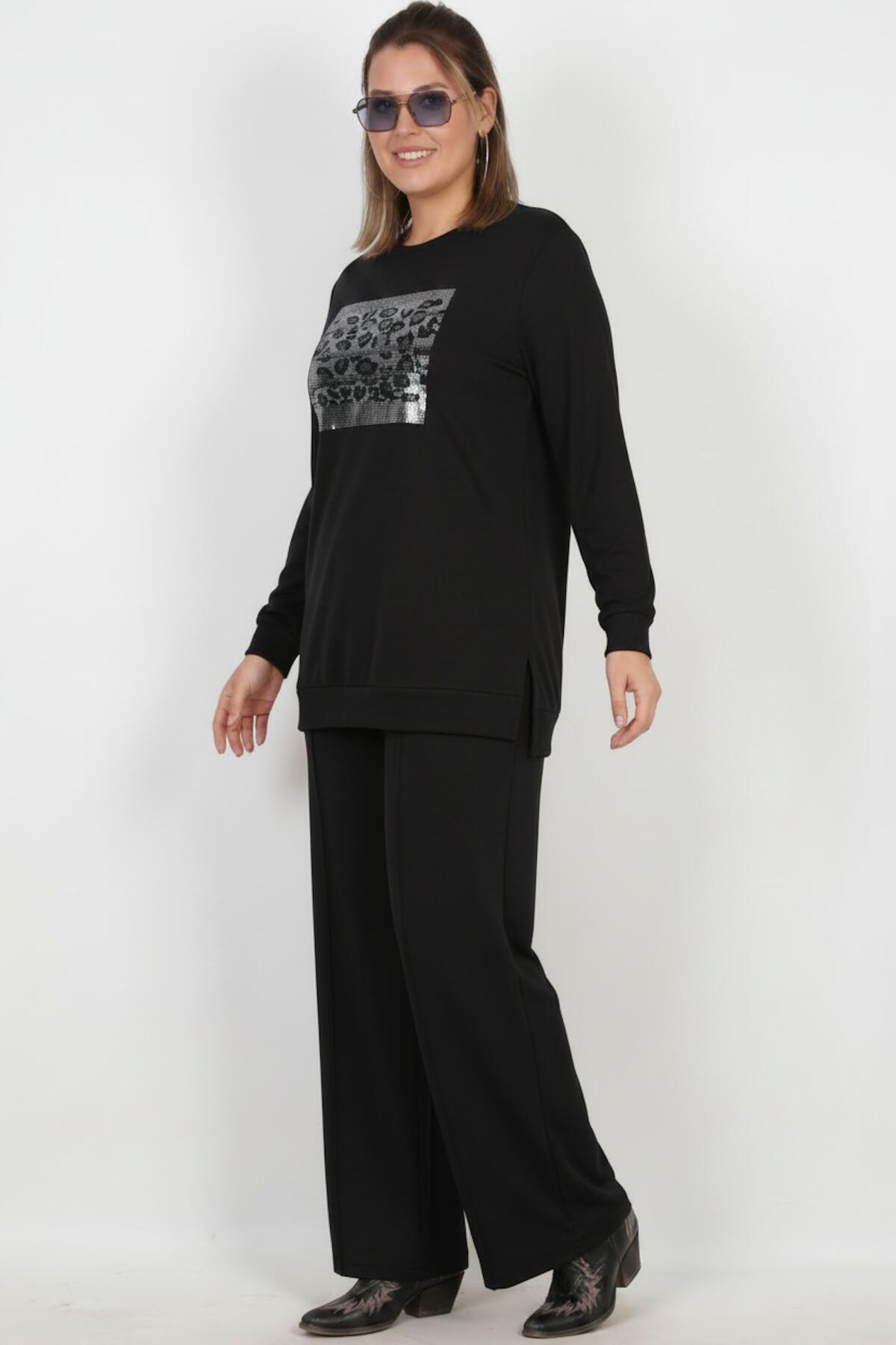 Plus - Size Long - Sleeve Set With Stone Detail — Black