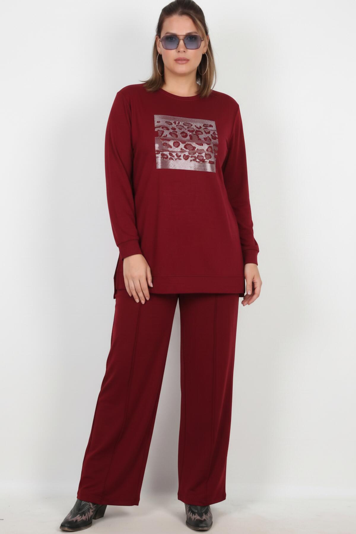 Plus - Size Long - Sleeve Set With Stone Detail — Burgundy