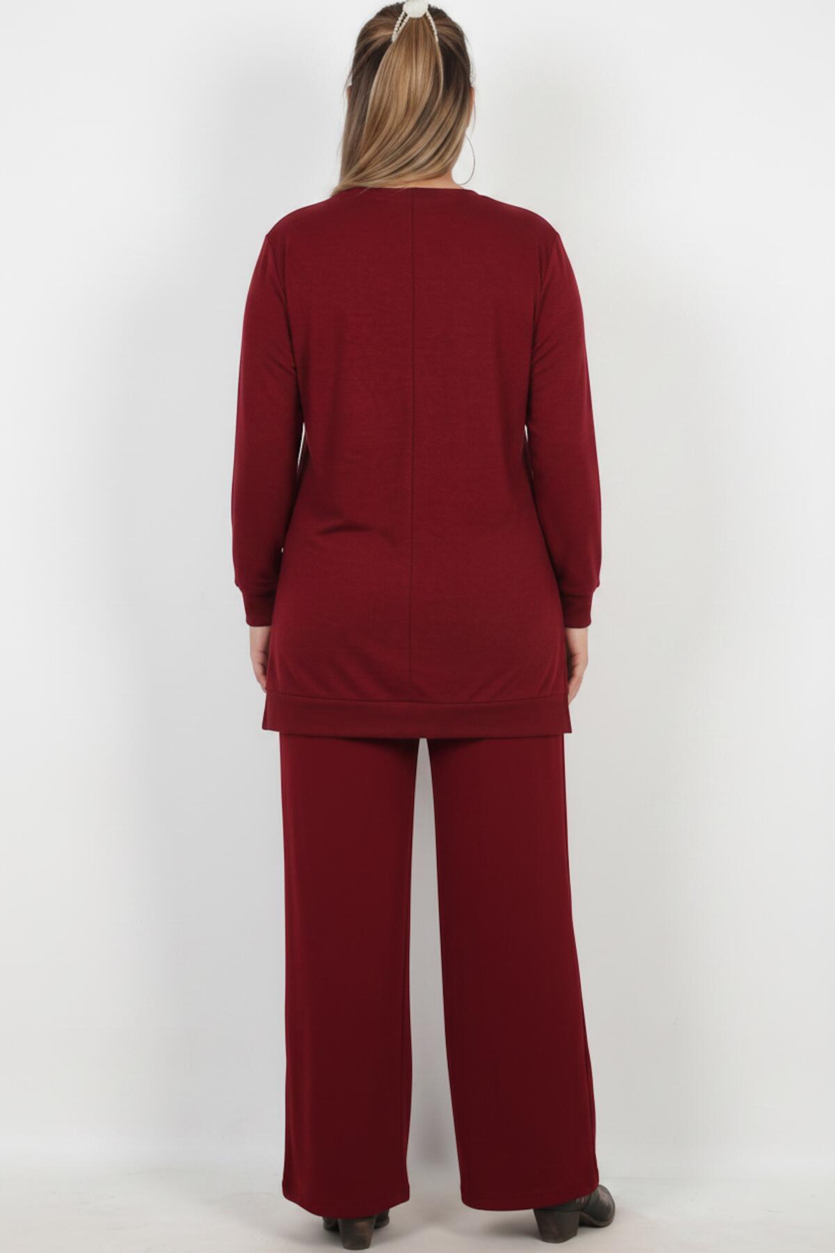 Plus - Size Long - Sleeve Set With Stone Detail — Burgundy