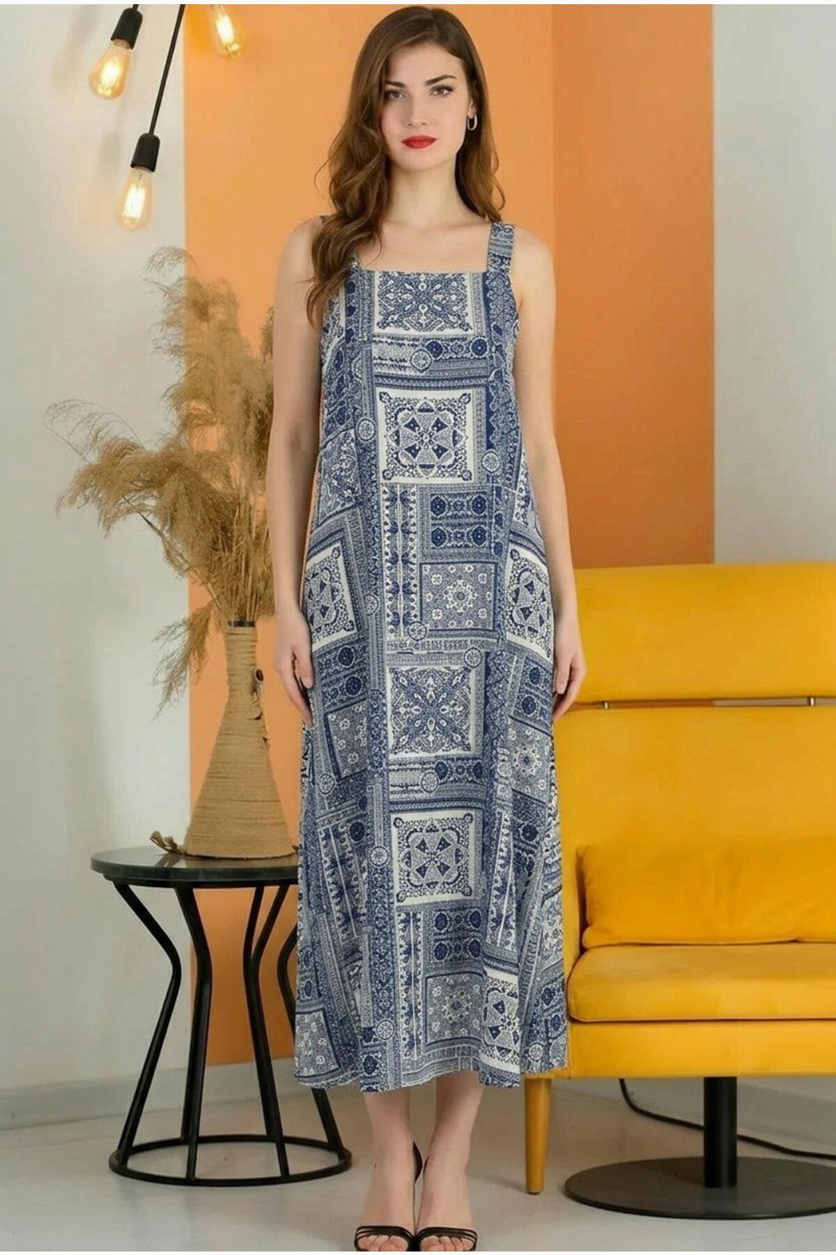 Printed Tie‑Strap Dress — Navy