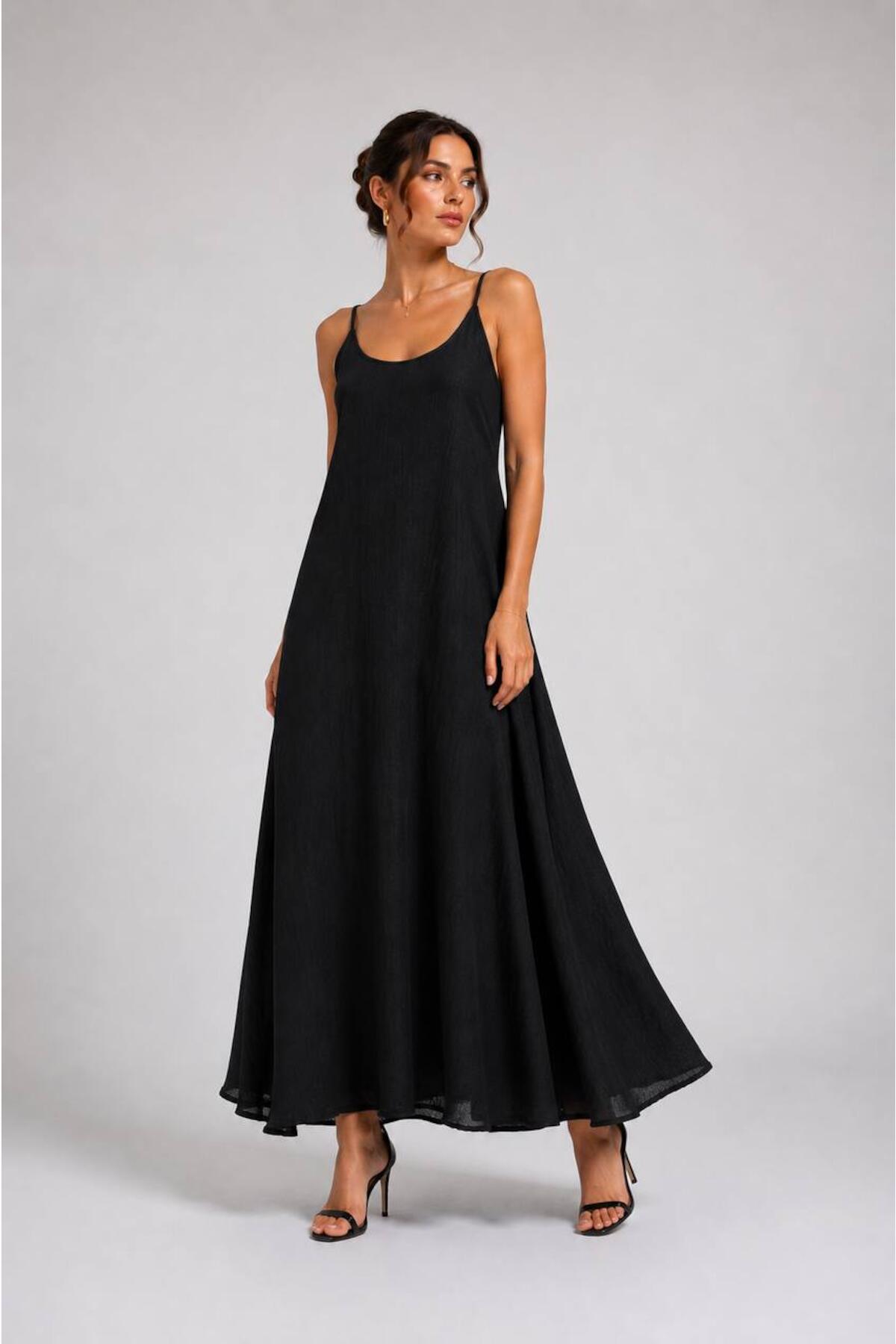 Licardi Linen Tie - Strap Maxi Dress — Black