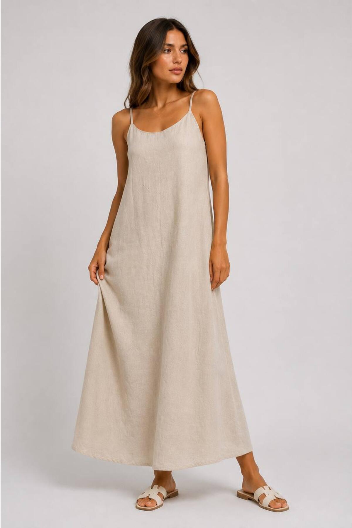Linen Dress With Thin Adjustable Straps — Nude