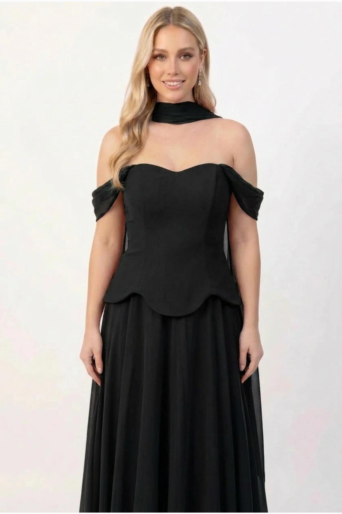 Crepe Evening Dress With Tulle Skirt And Shawl — Black