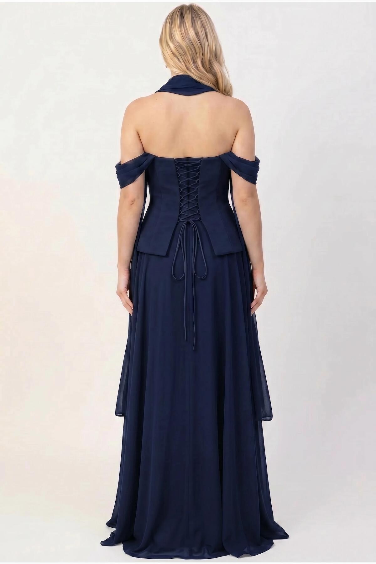 Crepe Evening Dress With Tulle Skirt And Shawl — Navy