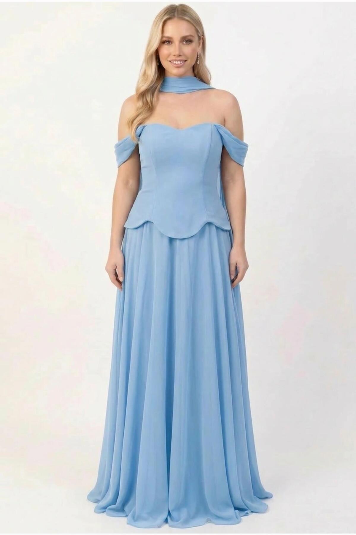 Crepe Evening Dress With Tulle Skirt And Shawl — Blue
