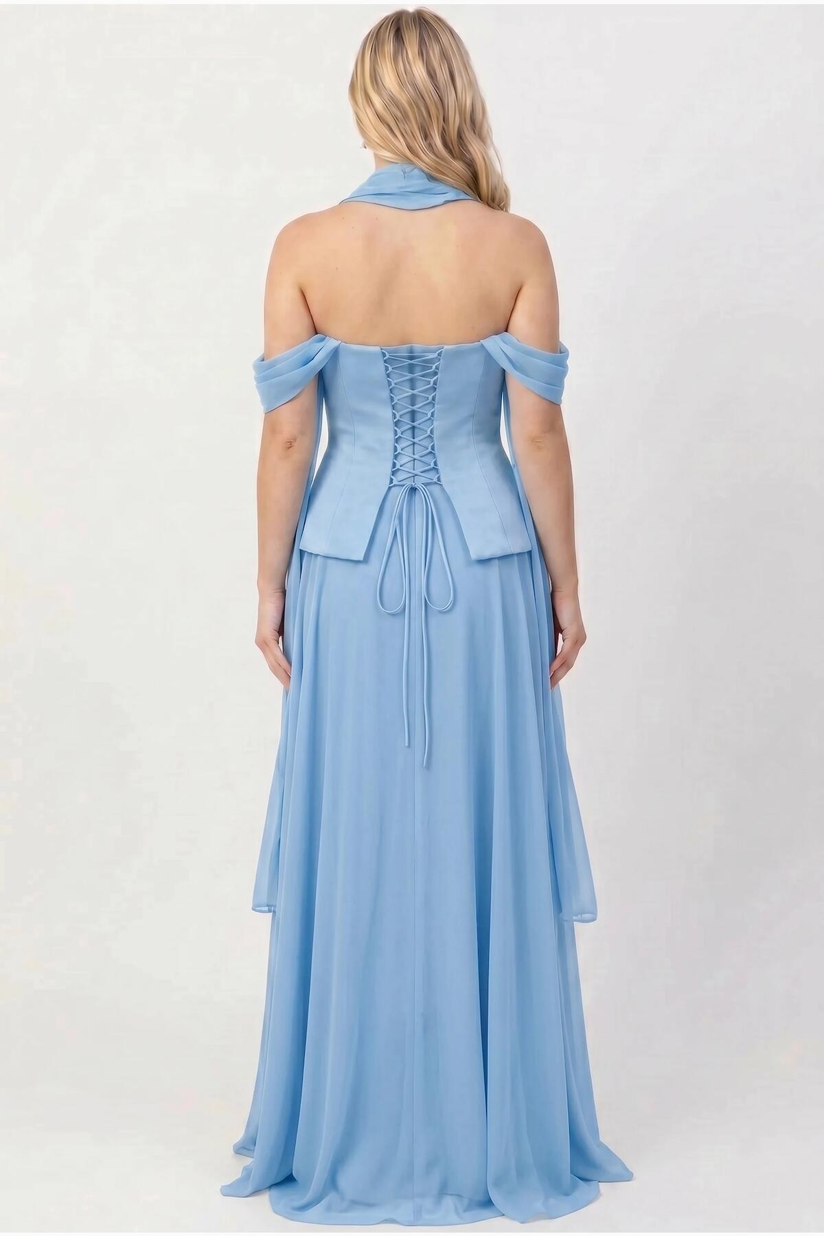 Crepe Evening Dress With Tulle Skirt And Shawl — Blue