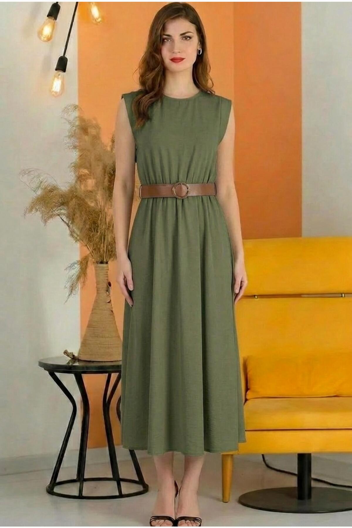 Padded - Shoulder Midi Dress With Elastic Waist — Khaki