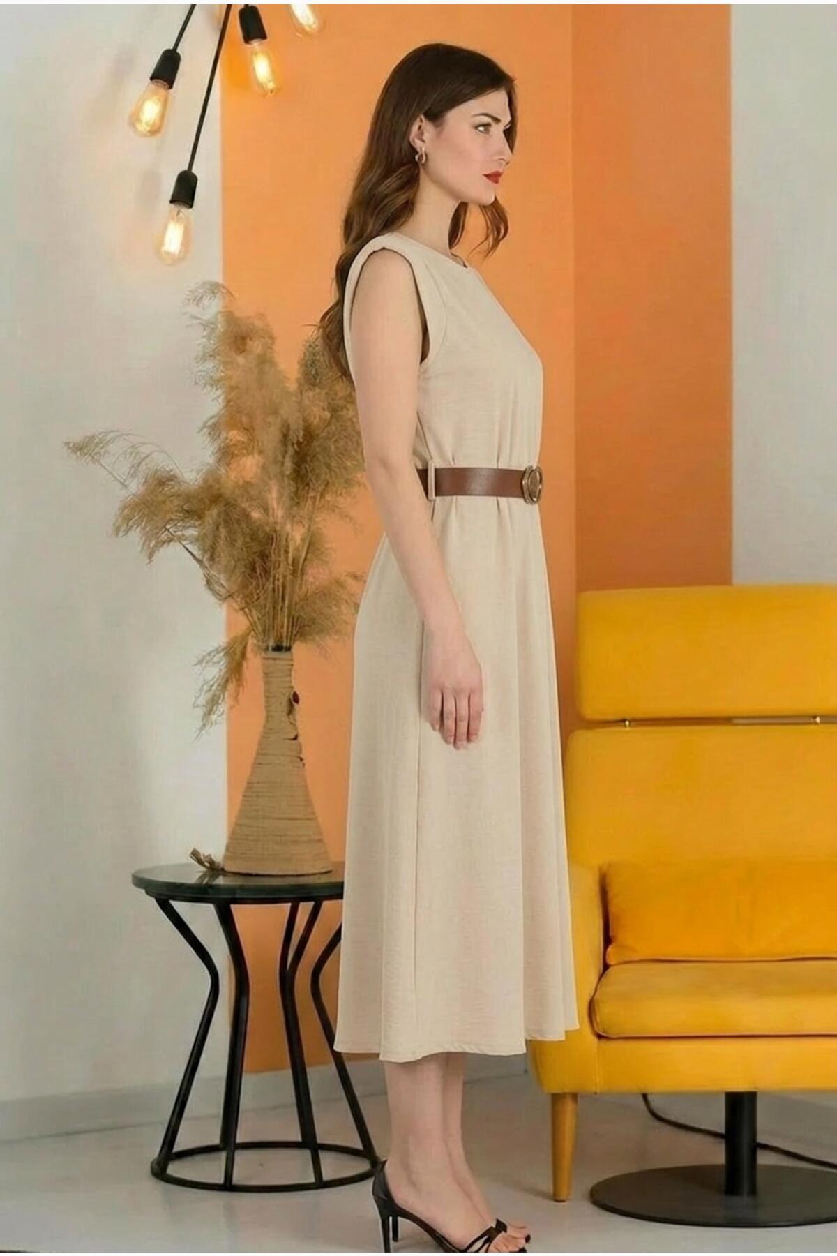 Padded - Shoulder Midi Dress With Elastic Waist — Stone