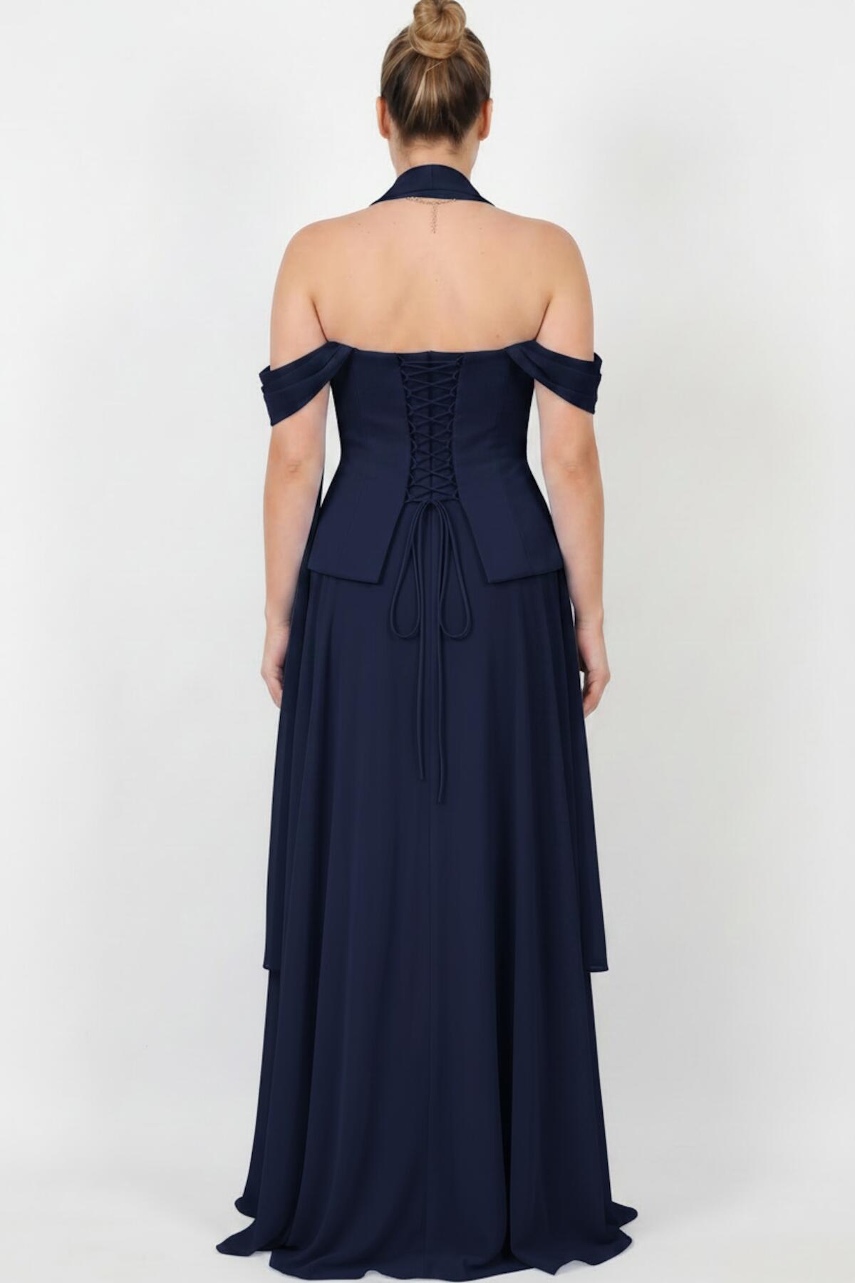 Plus - Size Crepe Evening Dress With Tulle Skirt And Shawl — Navy