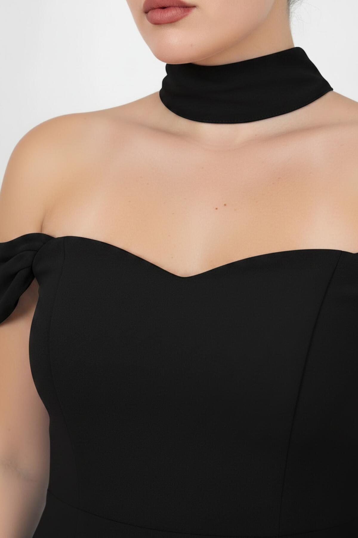 Plus - Size Crepe Evening Dress With Tulle Skirt And Shawl — Black