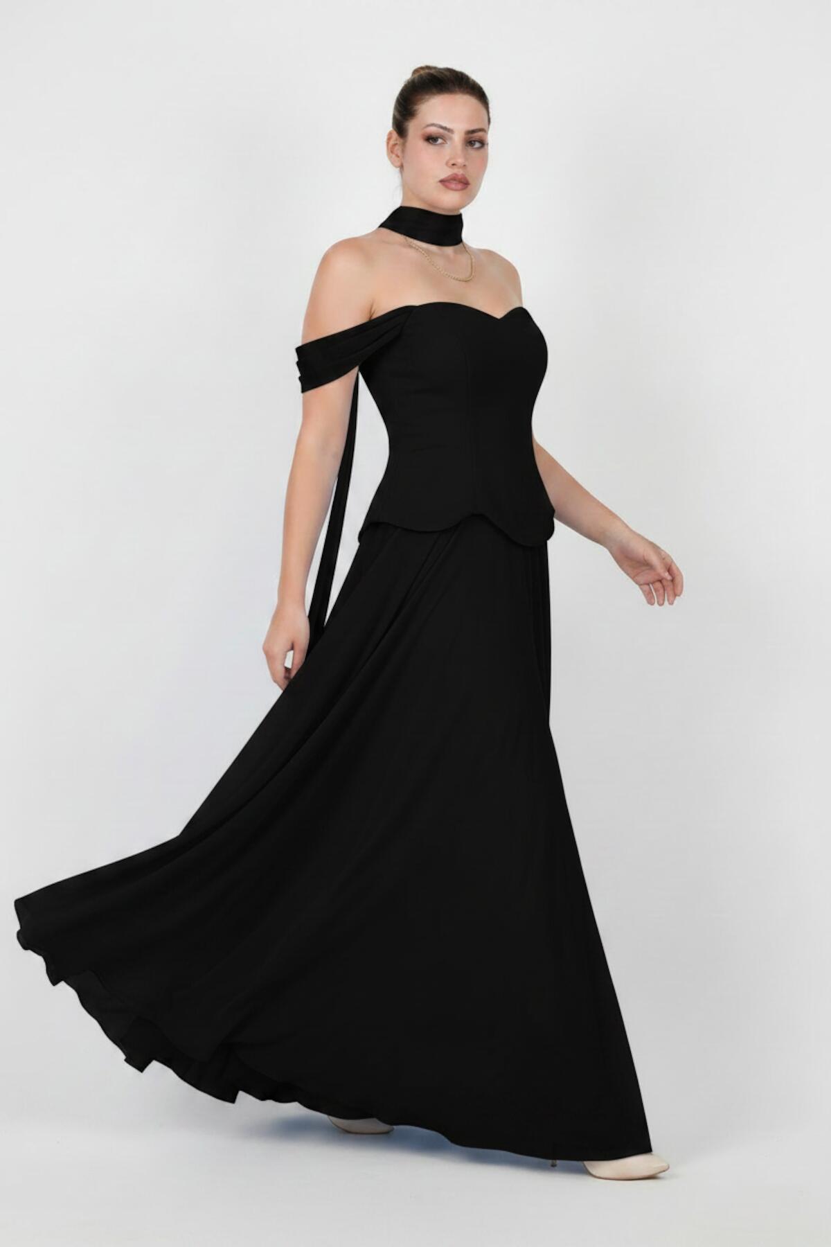 Plus - Size Crepe Evening Dress With Tulle Skirt And Shawl — Black