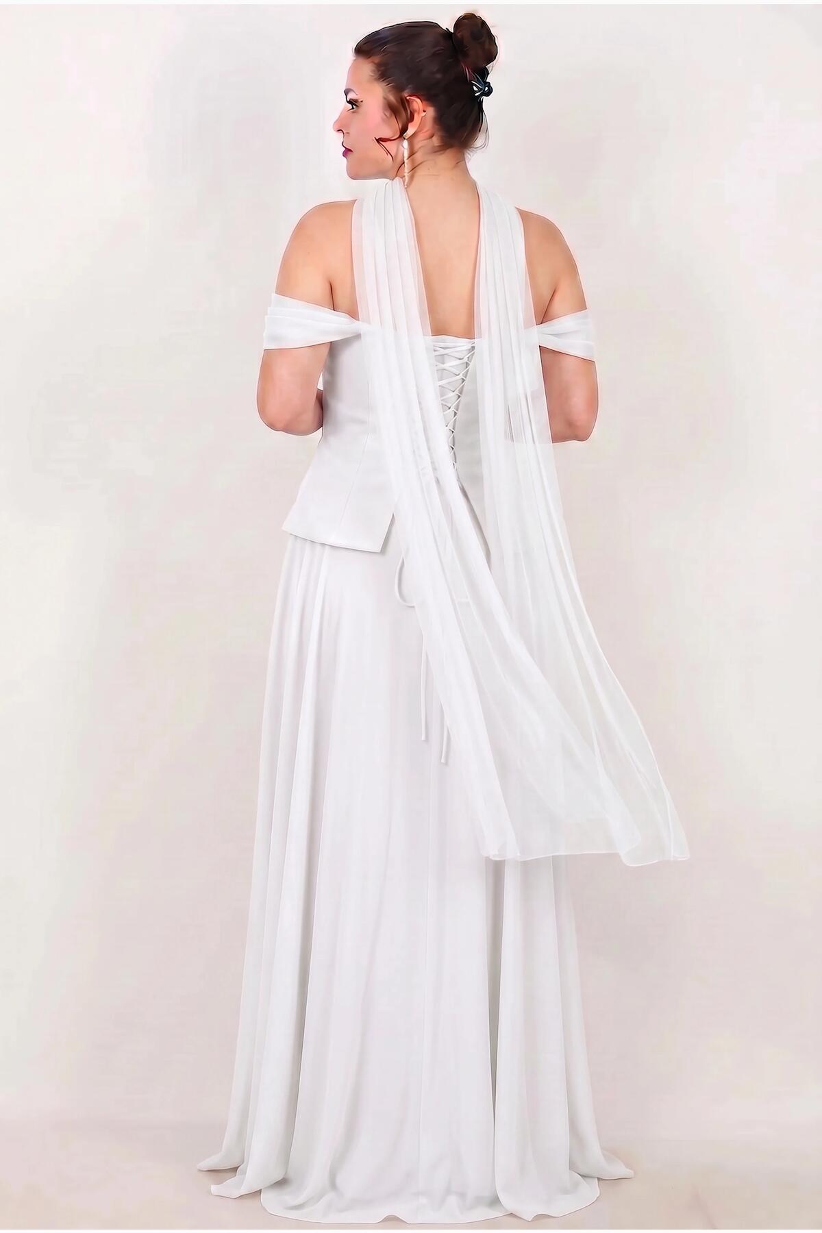 Plus‑Size Crepe Evening Dress With Tulle Skirt & Stone Embellishment — White