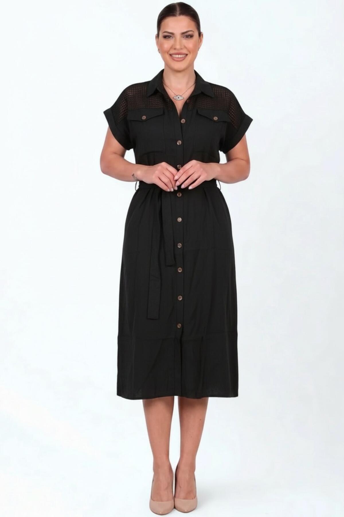 Plus - Size Black Button - Through Dress With Mesh Shoulder Detail