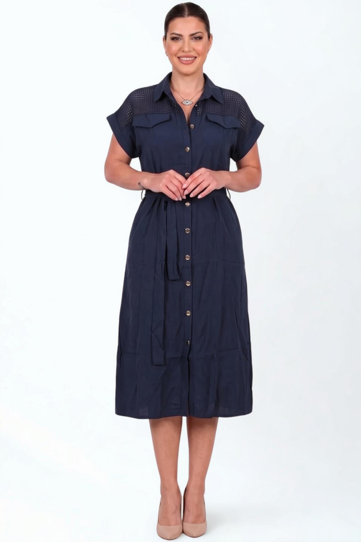 Plus - Size Navy Button - Through Dress With Mesh Shoulder Detail