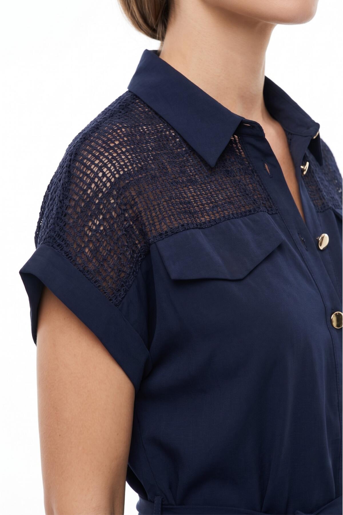 Plus - Size Navy Button - Through Dress With Mesh Shoulder Detail
