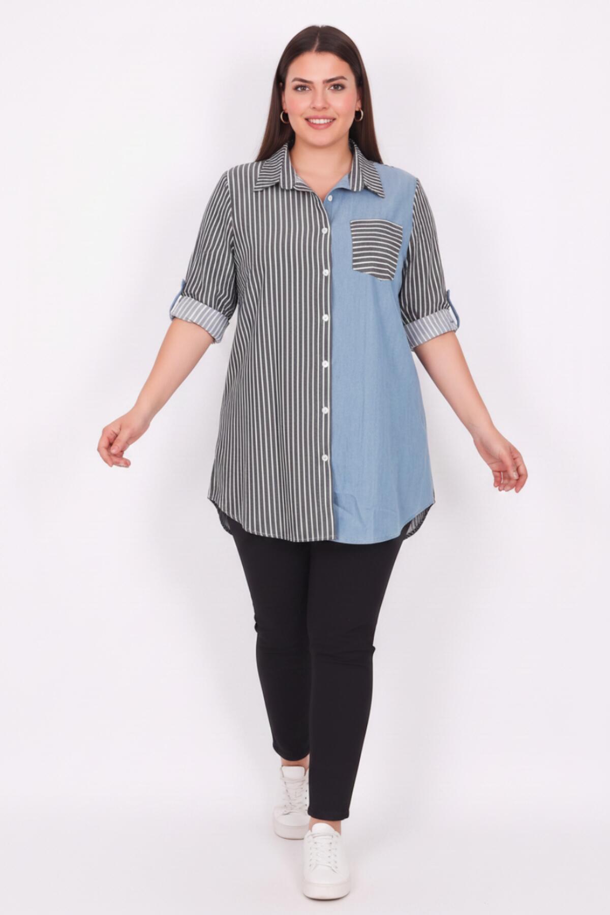 Plus‑Size Striped Shirt‑Tunic With Denim Detail — Black