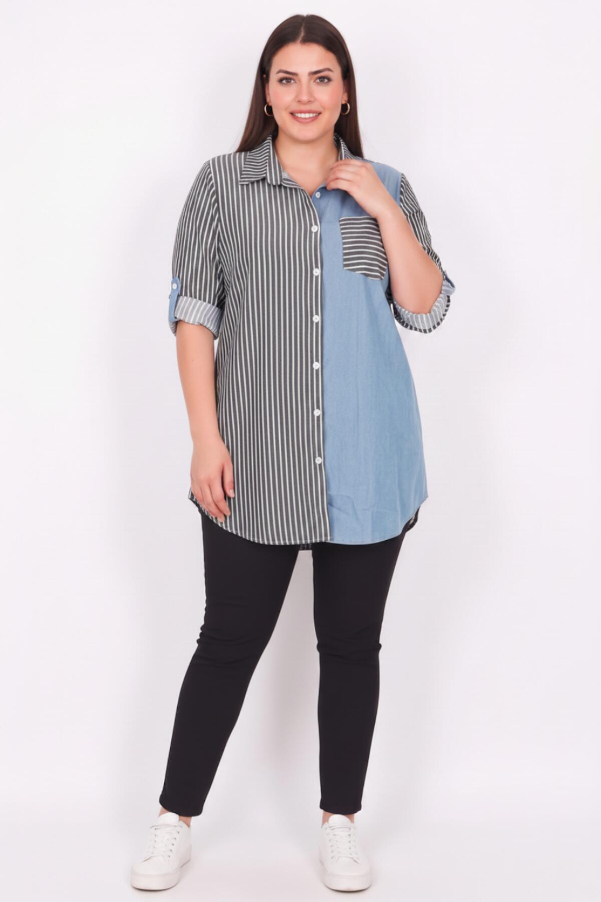 Plus‑Size Striped Shirt‑Tunic With Denim Detail — Black