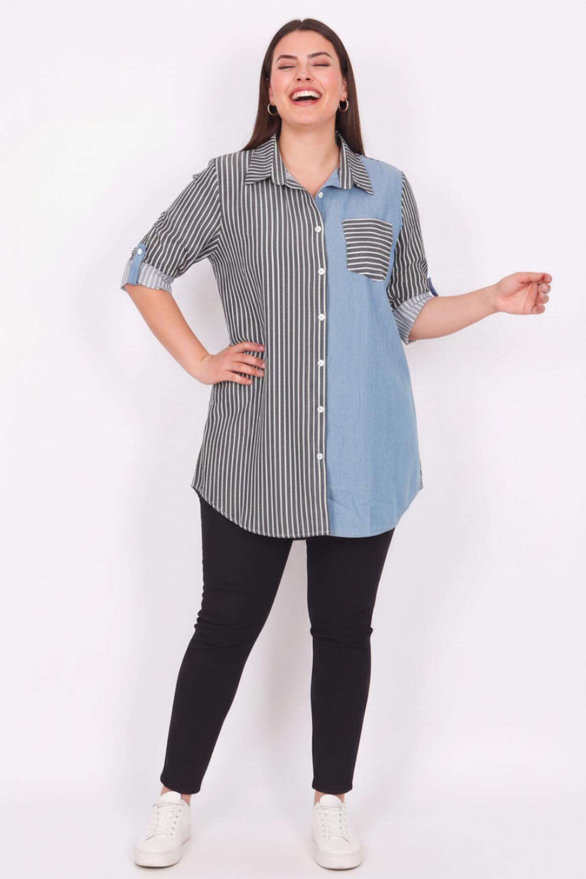 Plus‑Size Striped Shirt‑Tunic With Denim Detail — Black
