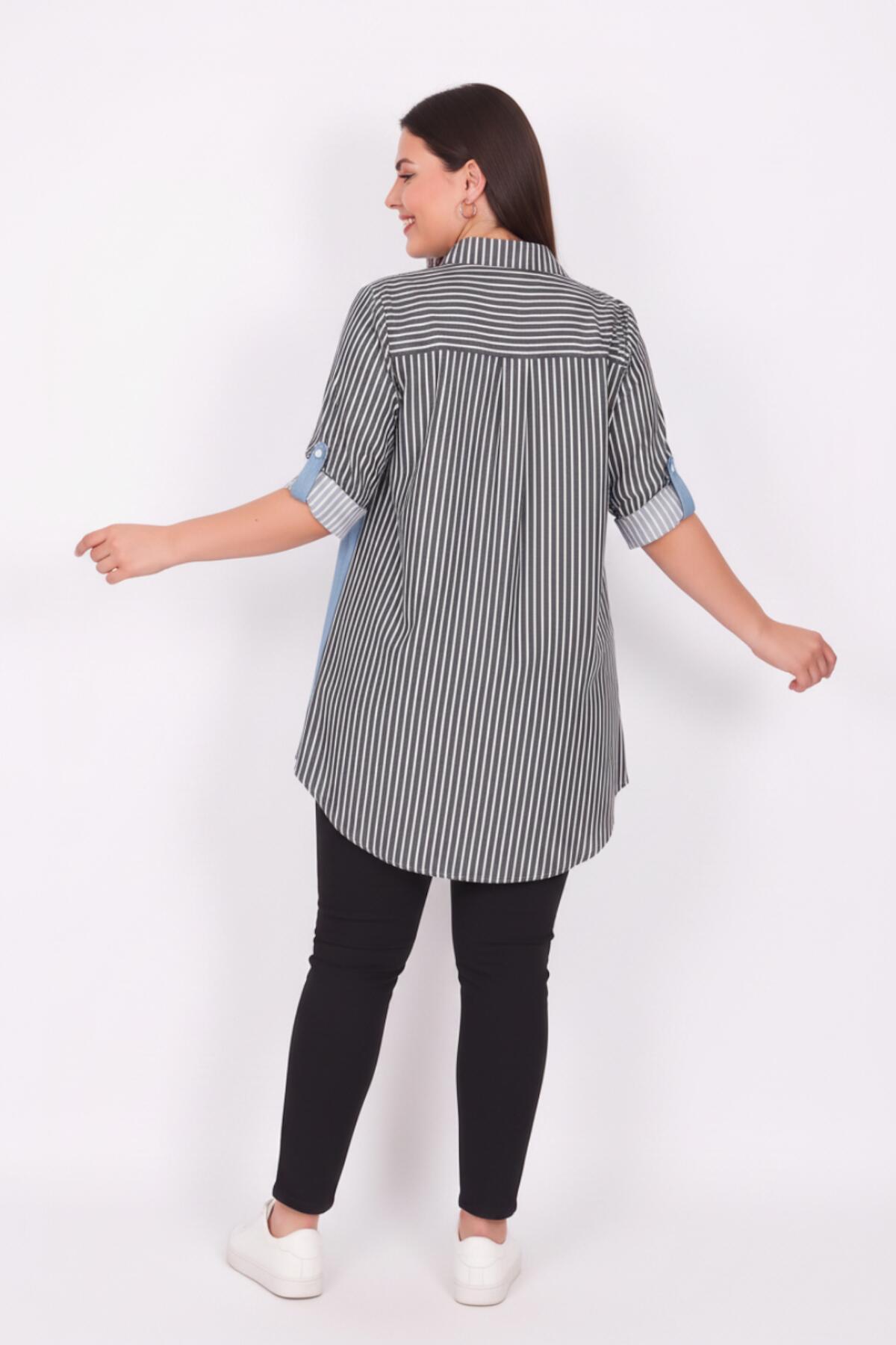 Plus‑Size Striped Shirt‑Tunic With Denim Detail — Black