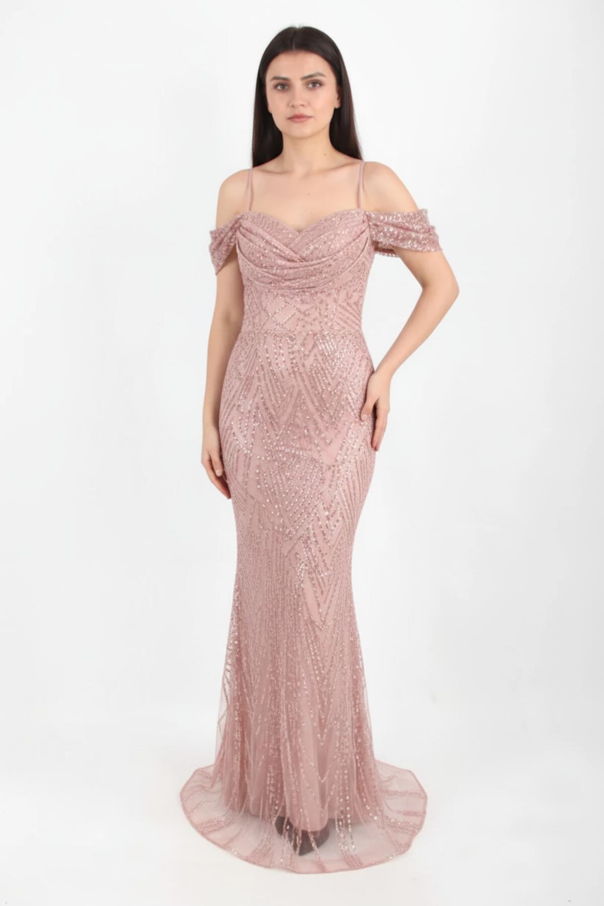 Powder Pink Off - Shoulder Sequin And Beaded Evening Dress