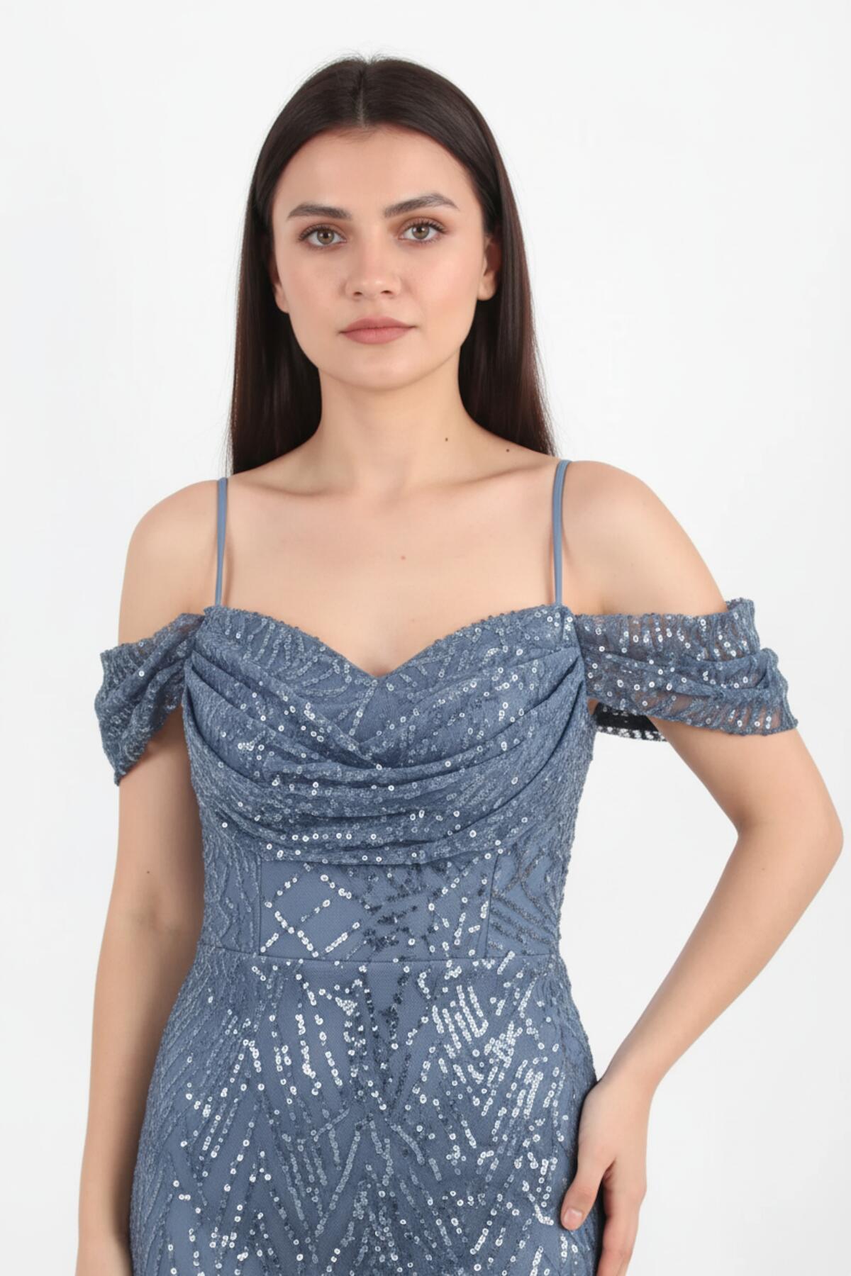 Off - Shoulder Sequin & Bead Evening Gown — Blue