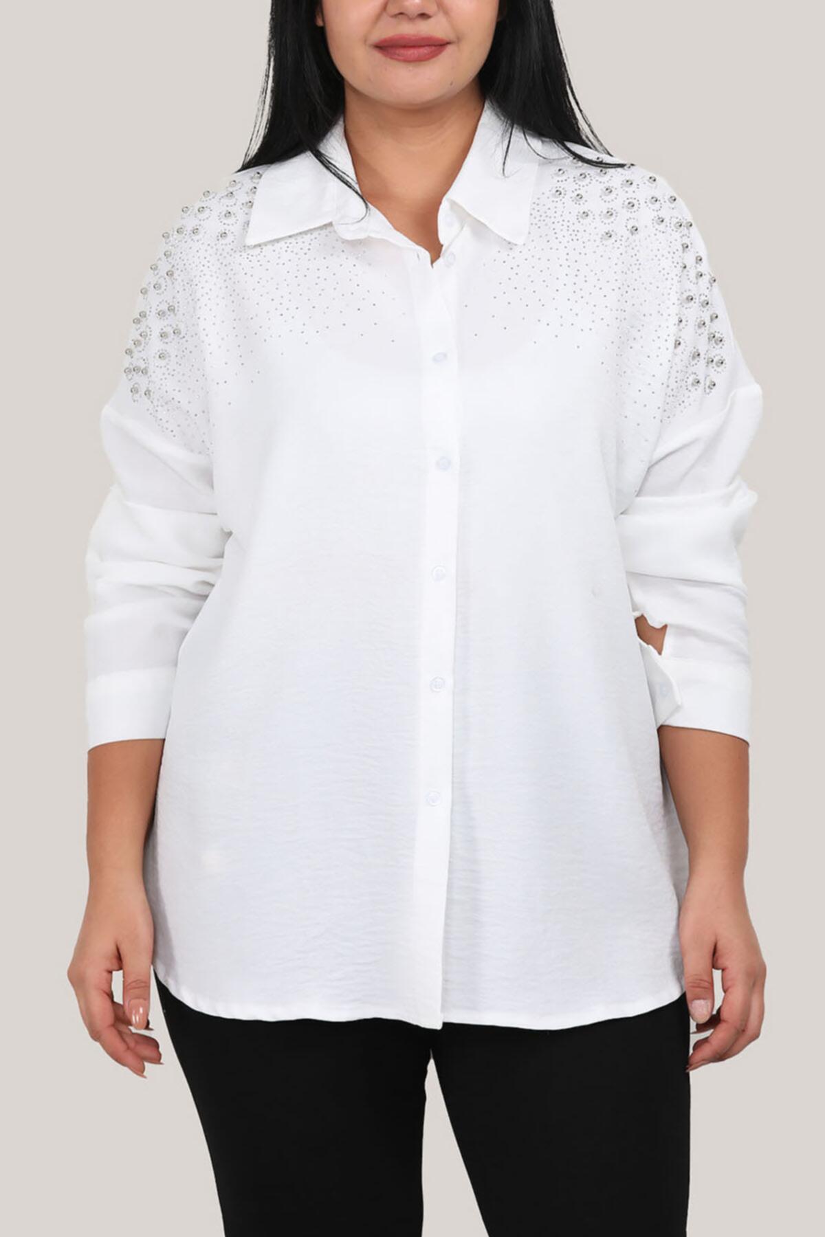 Plus‑Size Pearl‑Embellished Shirt — White