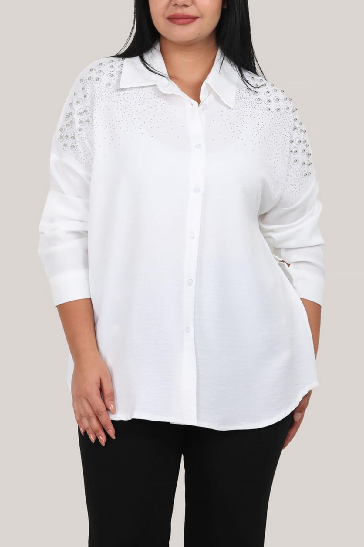 Plus‑Size Pearl‑Embellished Shirt — White