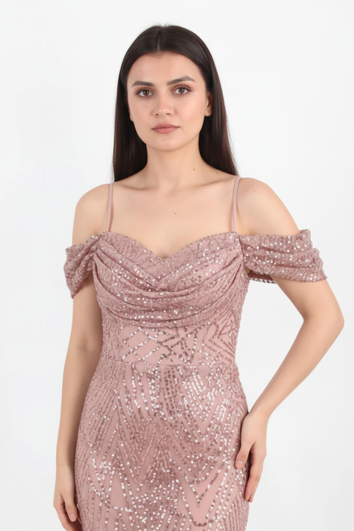 Powder Pink Off - Shoulder Sequin And Beaded Evening Dress