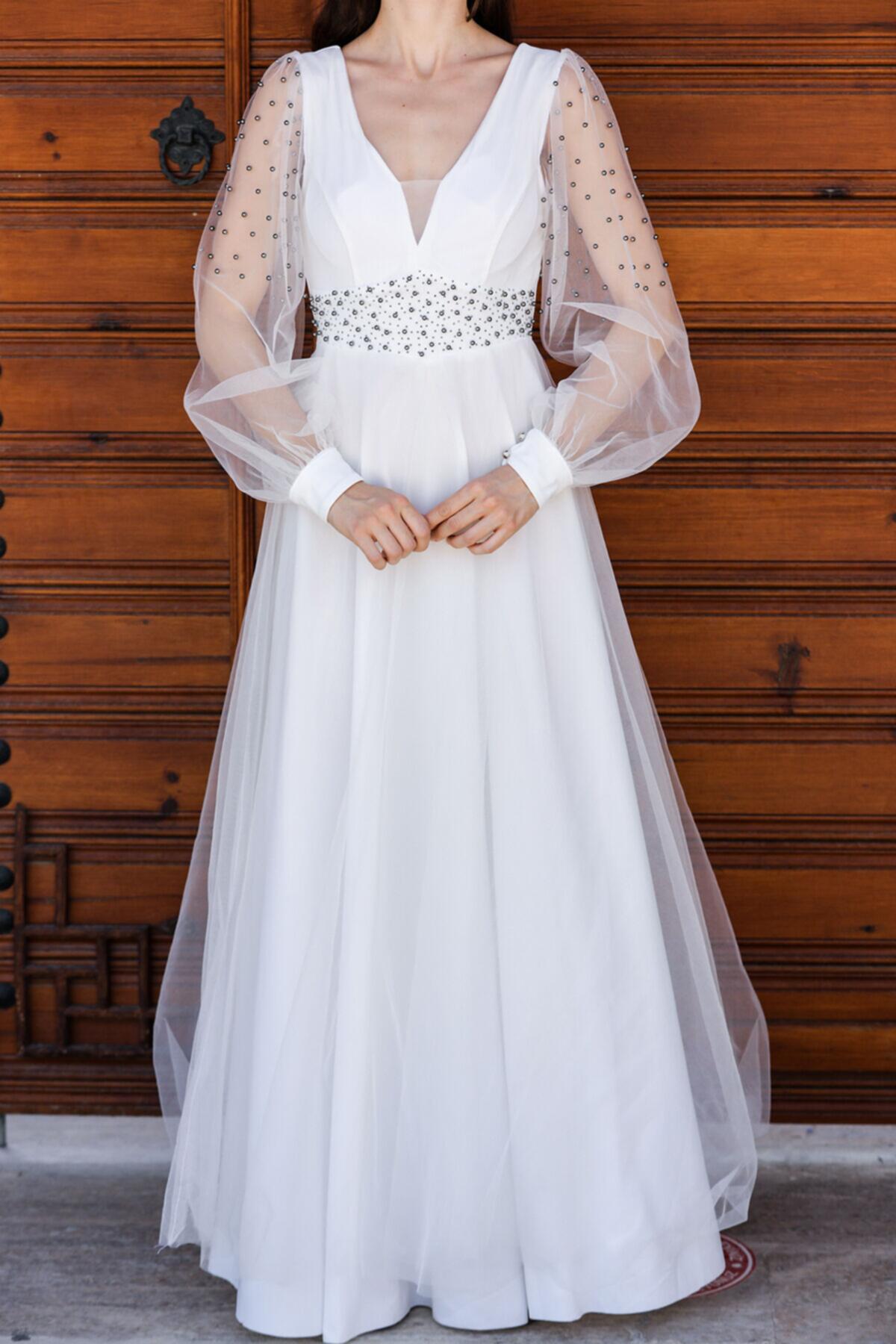 Off - White Long Tulle Evening Dress