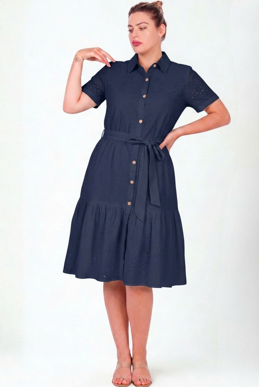 Plus - Size Navy Button - Through Shirt Dress, Short Sleeves