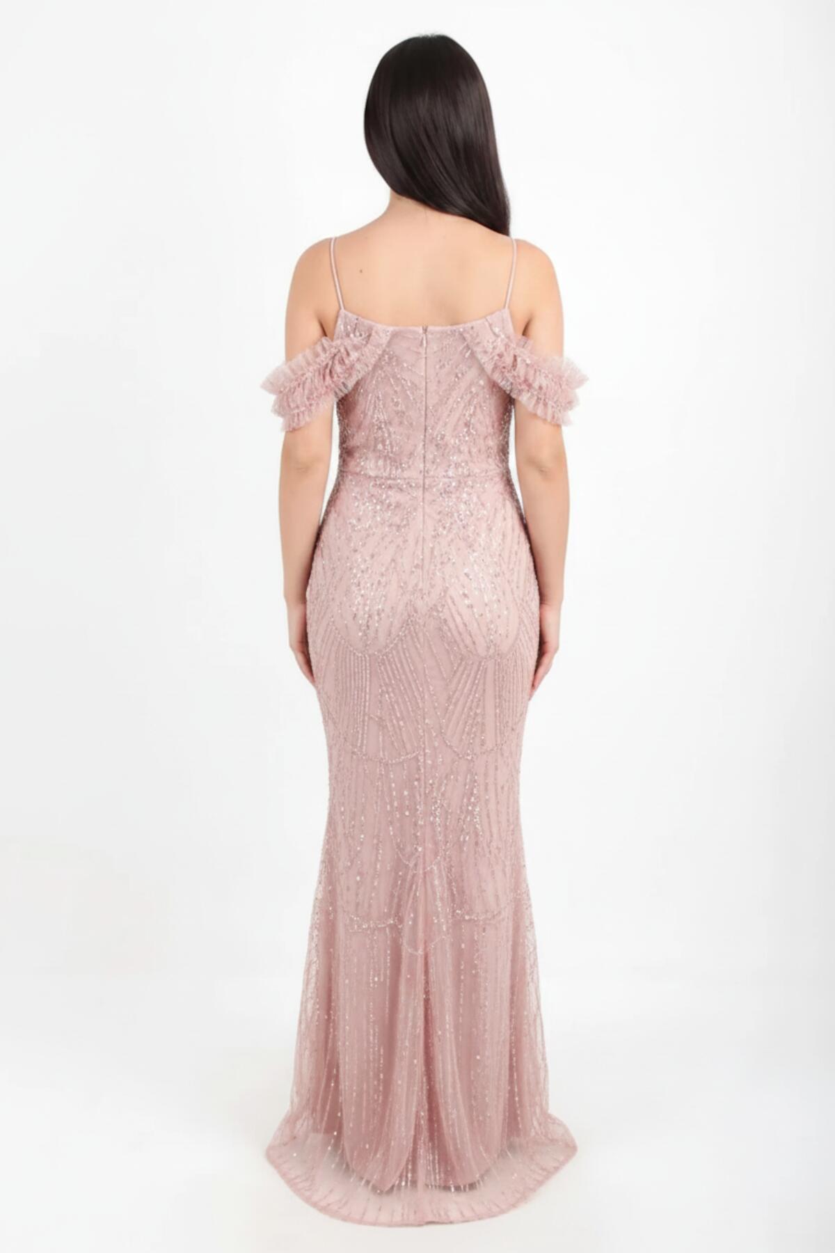 Powder Pink Off - Shoulder Sequin And Beaded Evening Dress