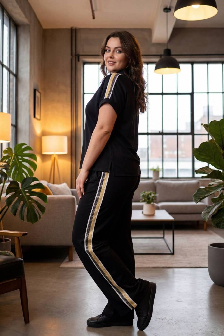 Plus - Size Polo - Neck Set With Stripe Detail — Black