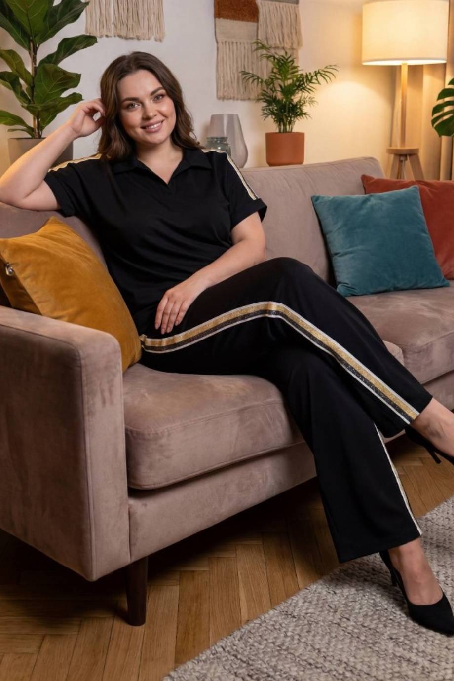 Plus - Size Polo - Neck Set With Stripe Detail — Black