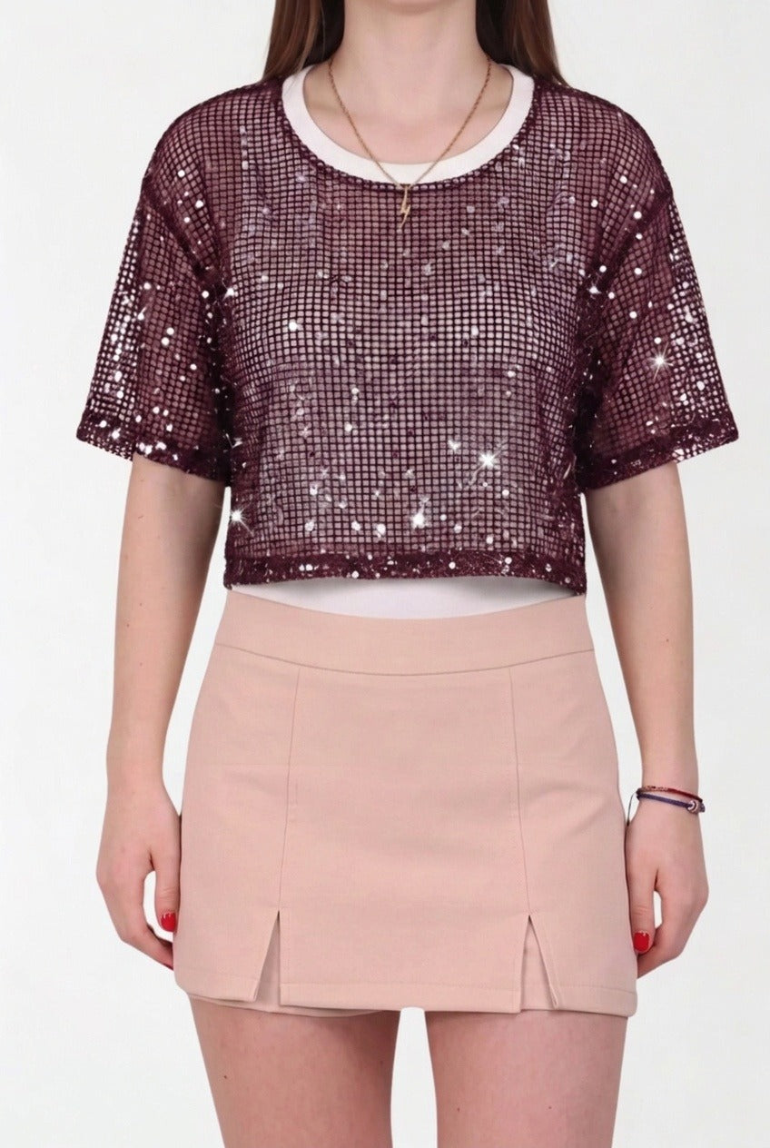 Plum Sequin Mesh Layered Crop Top