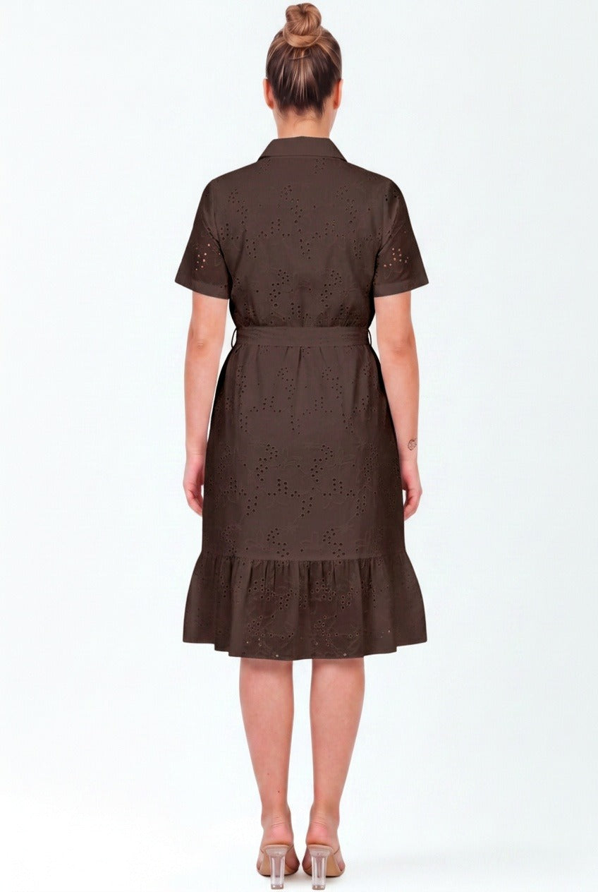 Plus - Size Brown Button - Through Shirt Dress, Short Sleeves